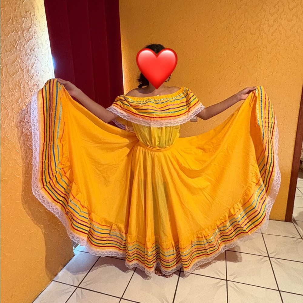 Vibrant Yellow Mexican Folklore Dress